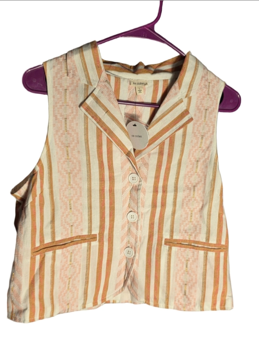 Women's En Crème Striped Vest, Size L, Beige and Orange boho chic western